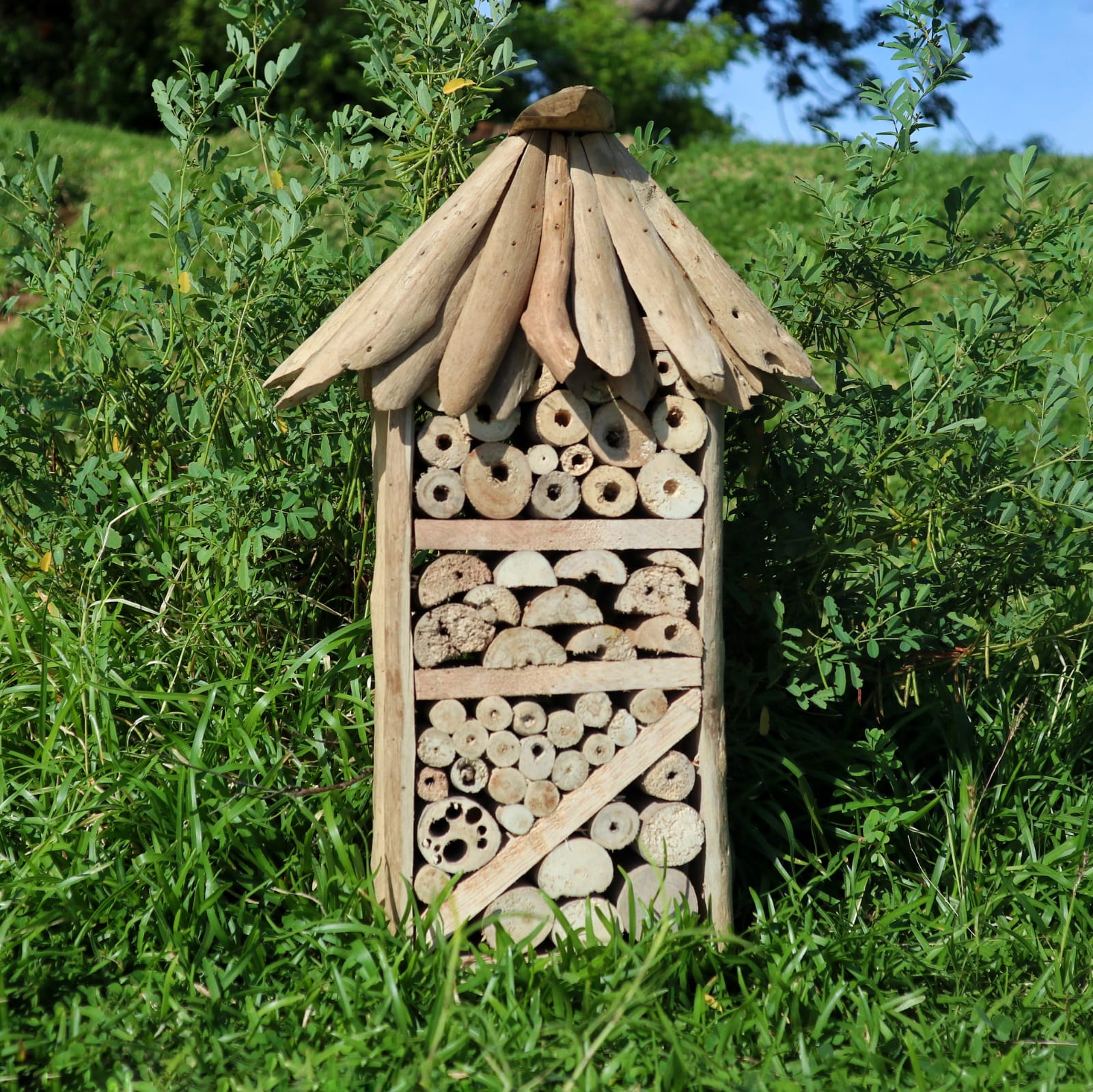 bee hotel and insect boxes made from drift wood
