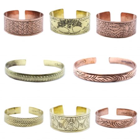 Tibetan mantra bracelets in brass and copper