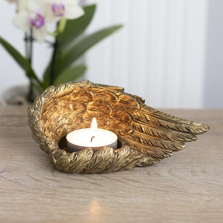 Tea Light Candle Holders - Gold Single Lowered Angel Wing