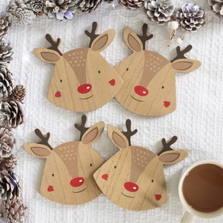 set of four wood reindeer coasters