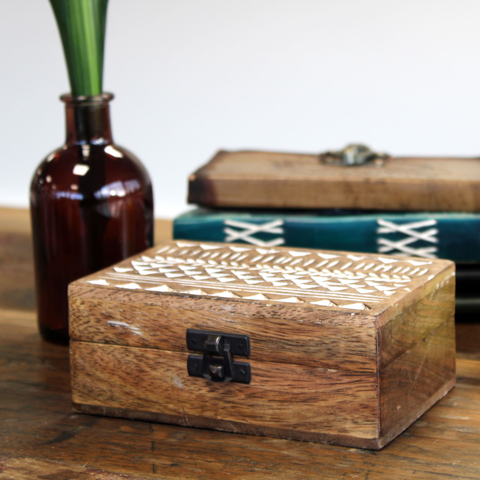 White Wash Carved Wood Boxes - Image 4